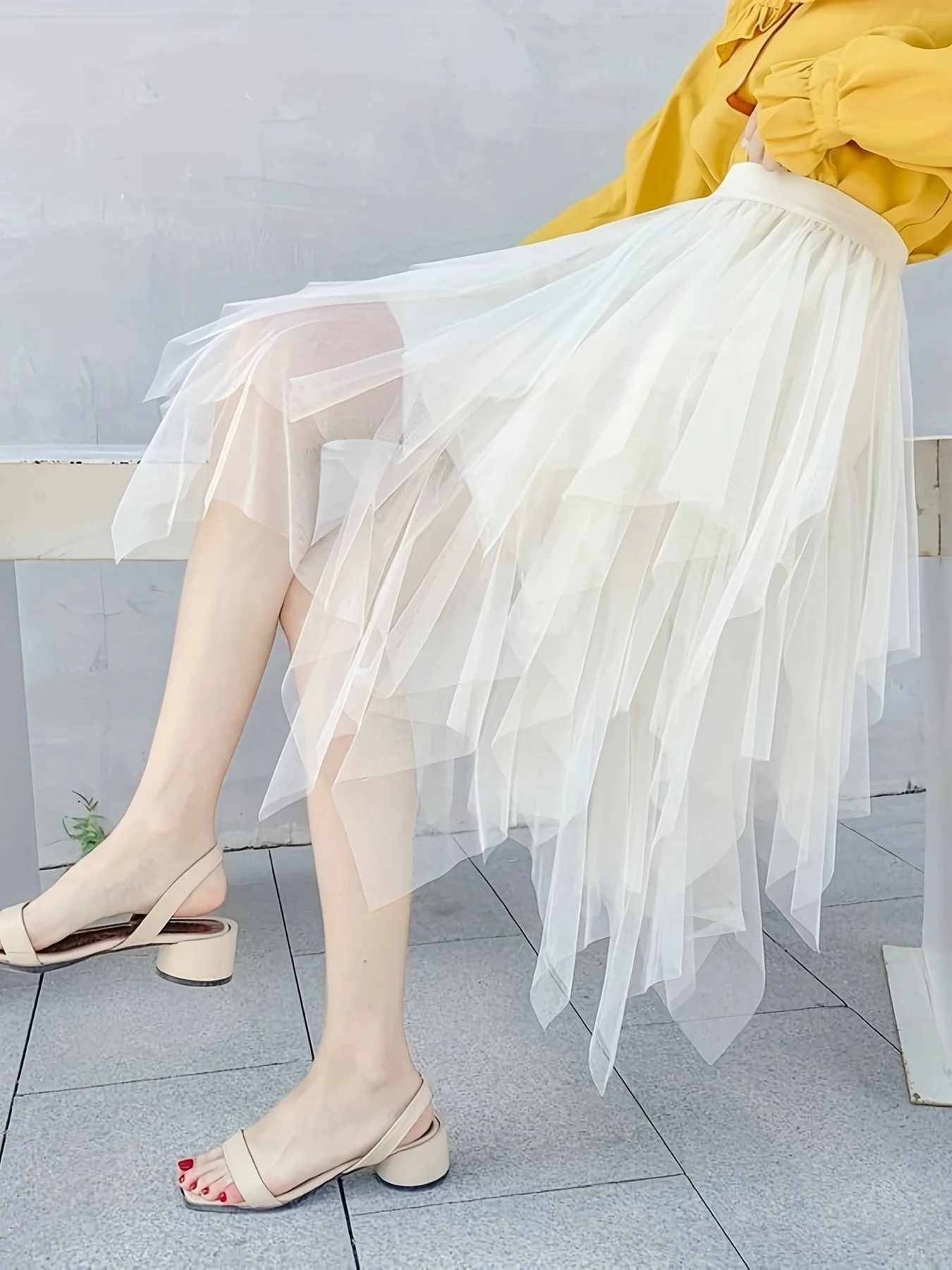 Hanky Hem Lace Tiered Skirt, High Waist Mid Calf Skirt For Spring & Summer, Women's Clothing - Deanwangkt