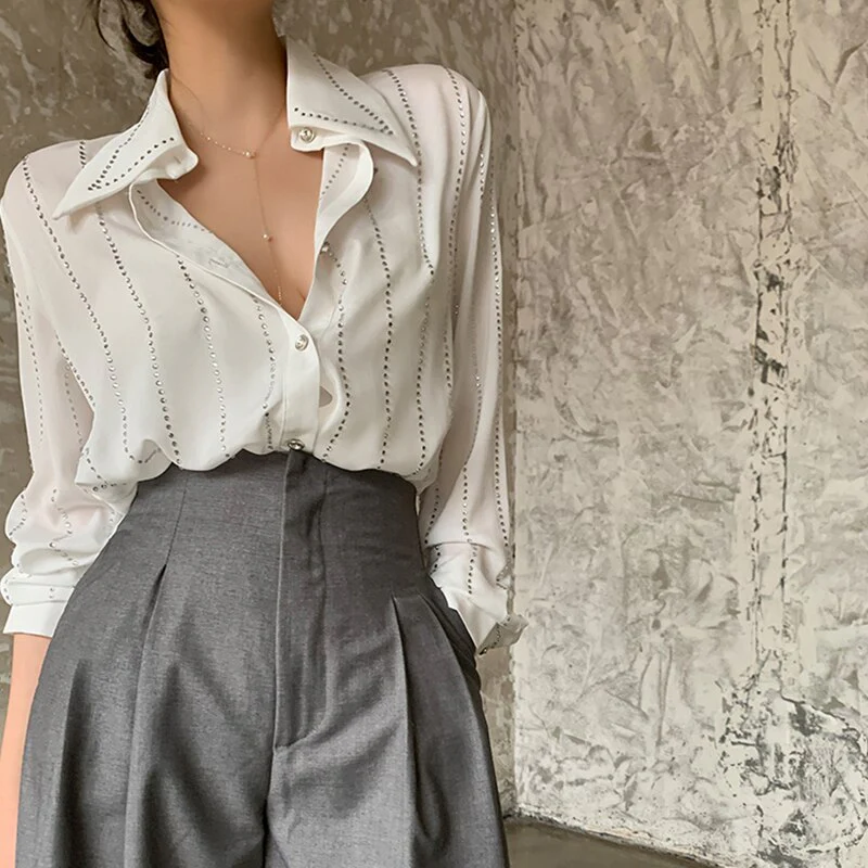 deanwangkt Casual Loose White Patchwork Diamonds Shirt For Women Lapel Long Sleeve Korean Fashion Blouses Females Autumn Style - Deanwangkt