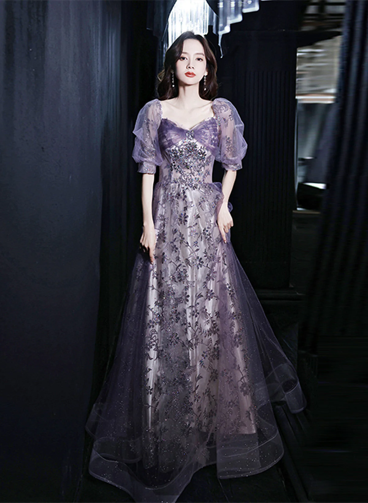 Solvbao Purple A-line Tulle Long Party Dress, Purple Lace Short Sleeves Formal Dress - Deanwangkt