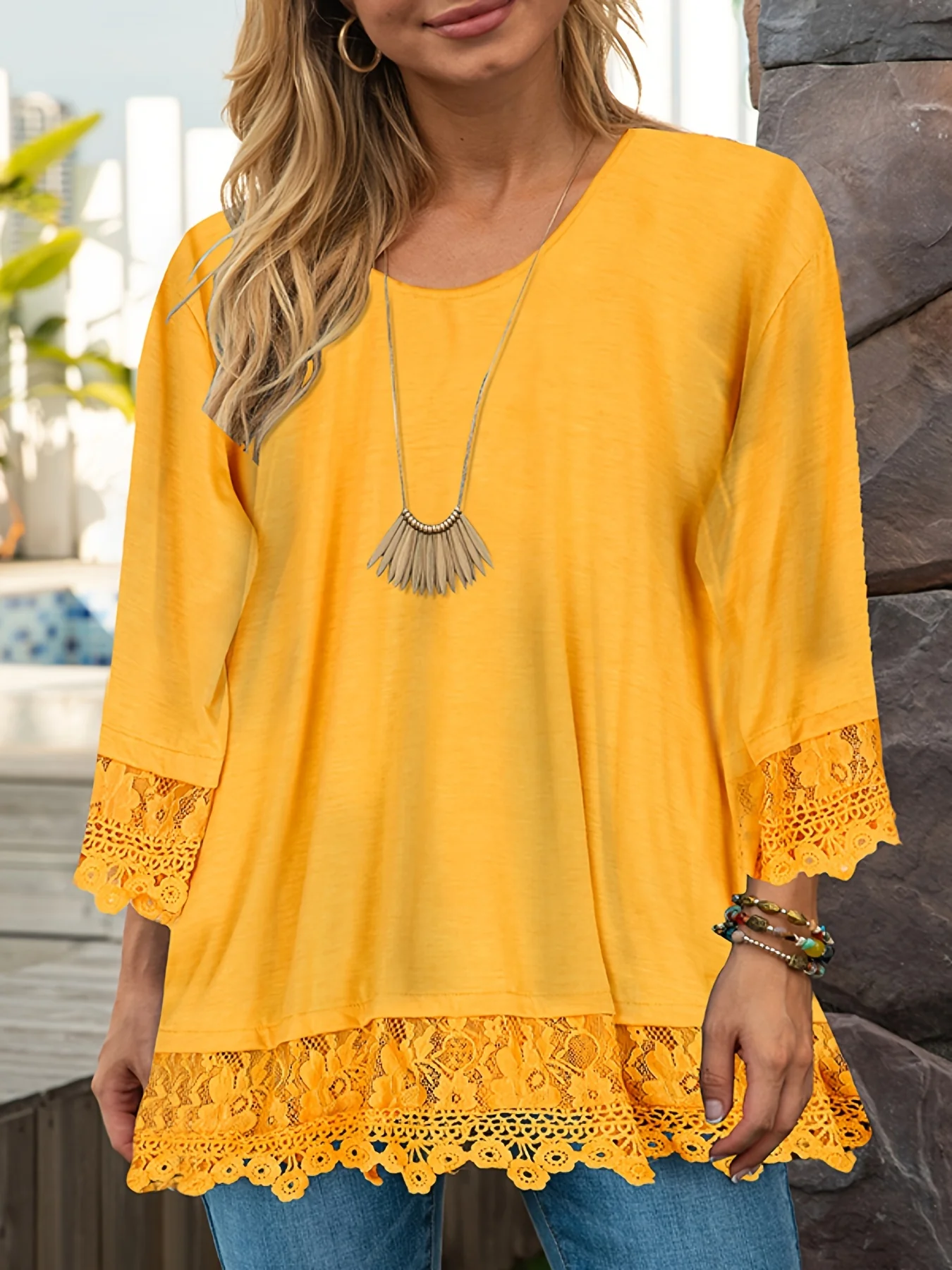 Plus Size Casual Blouse, Women's Plus Solid Contrast Lace Trim Half Sleeve Round Neck Slight Stretch Top - Deanwangkt