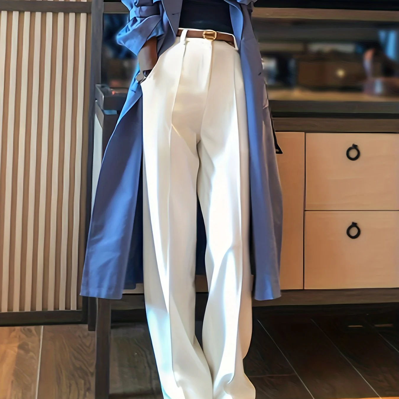 deanwangkt-1  Solid High Waist Pants, Elegant Wide Leg Slant Pockets Pants, Women's Clothing - Deanwangkt