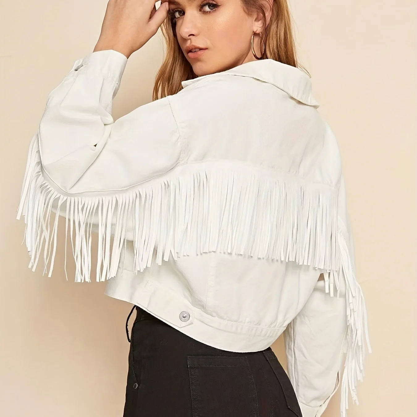 deanwangkt-1  White Fringe Trim Decor Denim Jackets, Long Sleeves Flap Pockets Lapel Denim Coats, Women's Denim Clothing - Deanwangkt