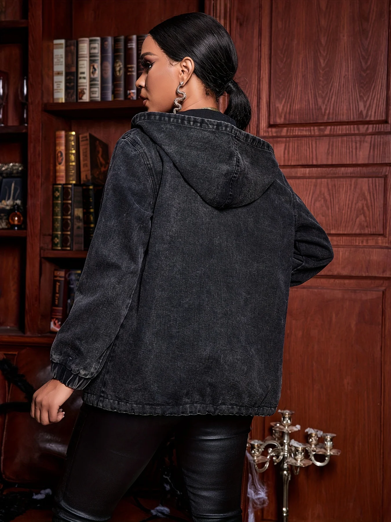 deanwangkt  Zip Front Hooded Denim Jackets, Long Sleeves Elastic Sleeves Drop Shoulder Denim Coats, Women's Denim Clothing - Deanwangkt