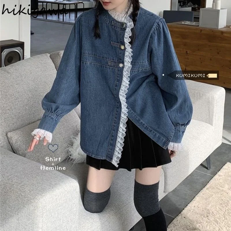 deanwangkt Denim Shirt Coat Women Sweet Lace Ruffles Loose Casual Blouses  Ropa Mujer Fashion Korean Blouses Tops Y2k Clothes - Deanwangkt