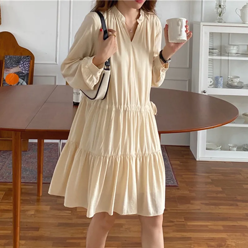 Joskka  New Women Spring Summer Shirt Dresses Bohemian Elegant High Waist Vintage Korean Style Drawstring Lady Long Dress - Deanwangkt