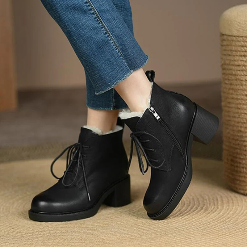 deanwangkt Autumn Boots     New Winter Women Shoes Genuine Leather Boots Women Round Toe Chunky Boots Wool Boots Fashion Snow Boots Women Warm Boots - Deanwangkt