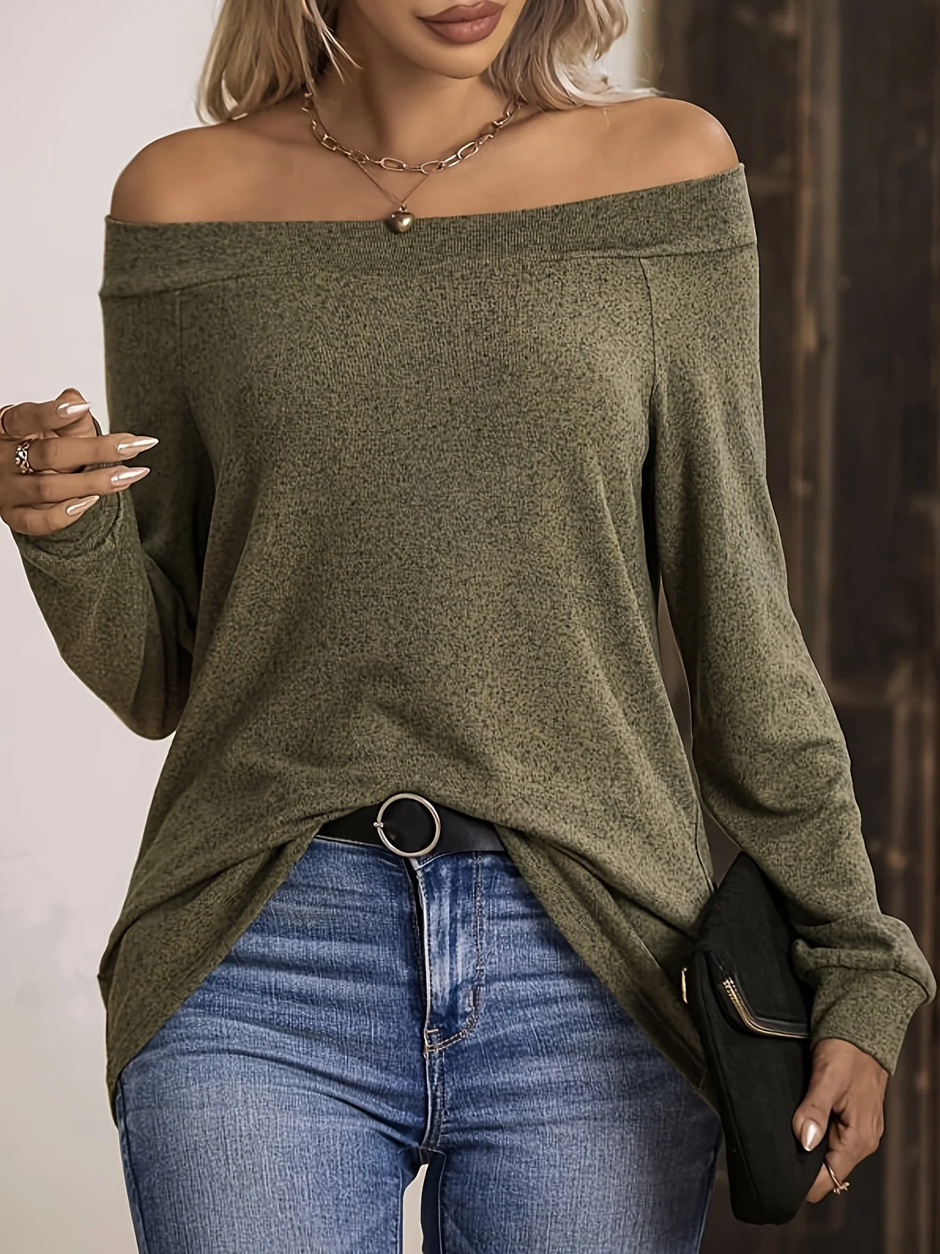 deanwangkt  Off Shoulder Solid T-Shirt, Casual Long Sleeve Top For Spring & Fall, Women's Clothing - Deanwangkt