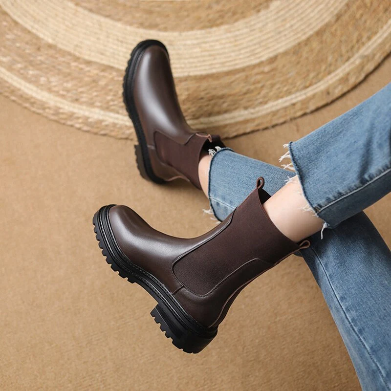 deanwangkt Autumn Shoes    Autumn Women Ankle Boots Round Toe Chunky Heel Boots Women Genuine leather Shoes Women Slip-on Black Boots Winter Shoes Women - Deanwangkt
