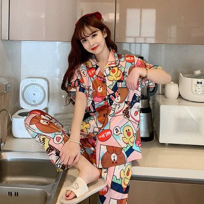 Newest Silk Pajamas for Women Sweet Leopard Pyjamas Woman Elegant Short Sleeve Long Pant Homewear Ladies Sleepwear Sets - Deanwangkt