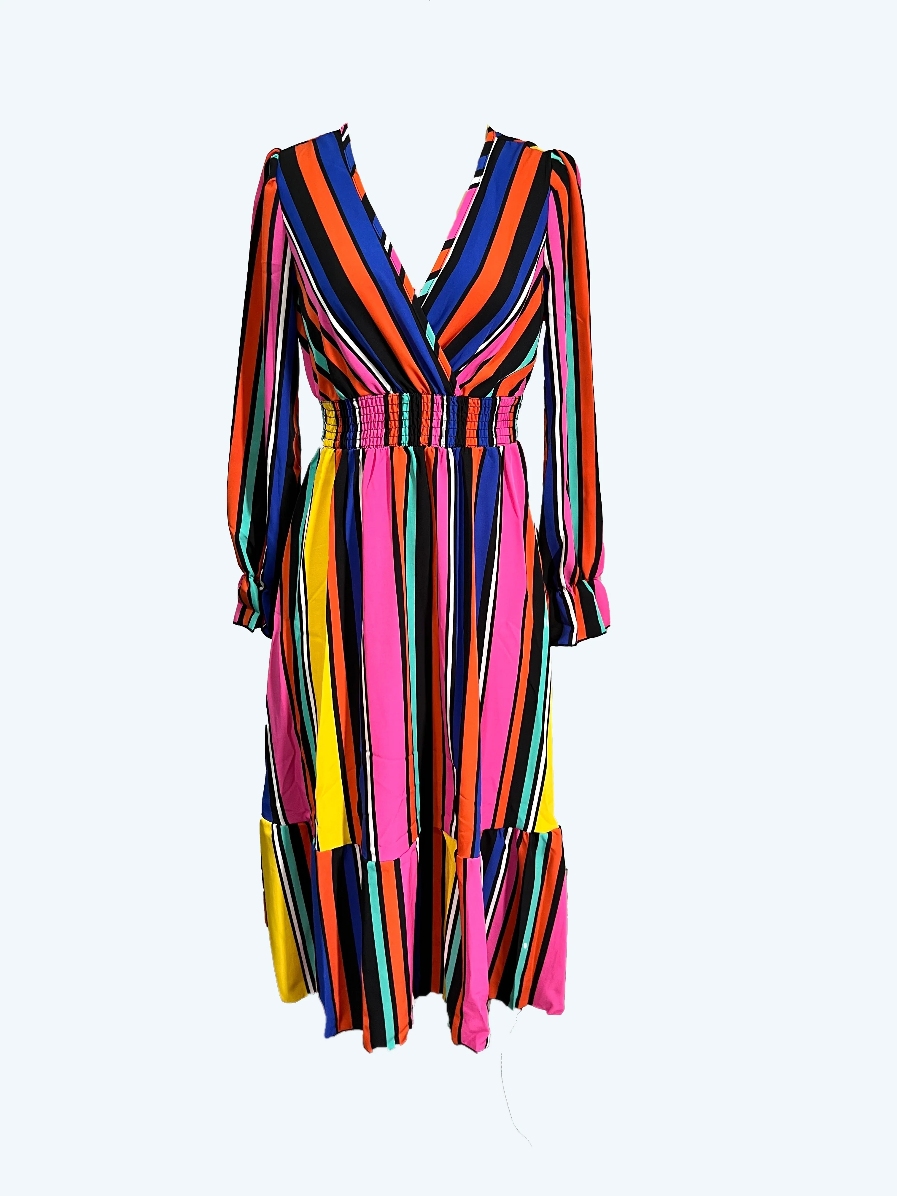 deanwangkt-1  Pin Dot Print High Waist Dress, Elegant V Neck Long Sleeve Maxi Dress, Women's Clothing - Deanwangkt