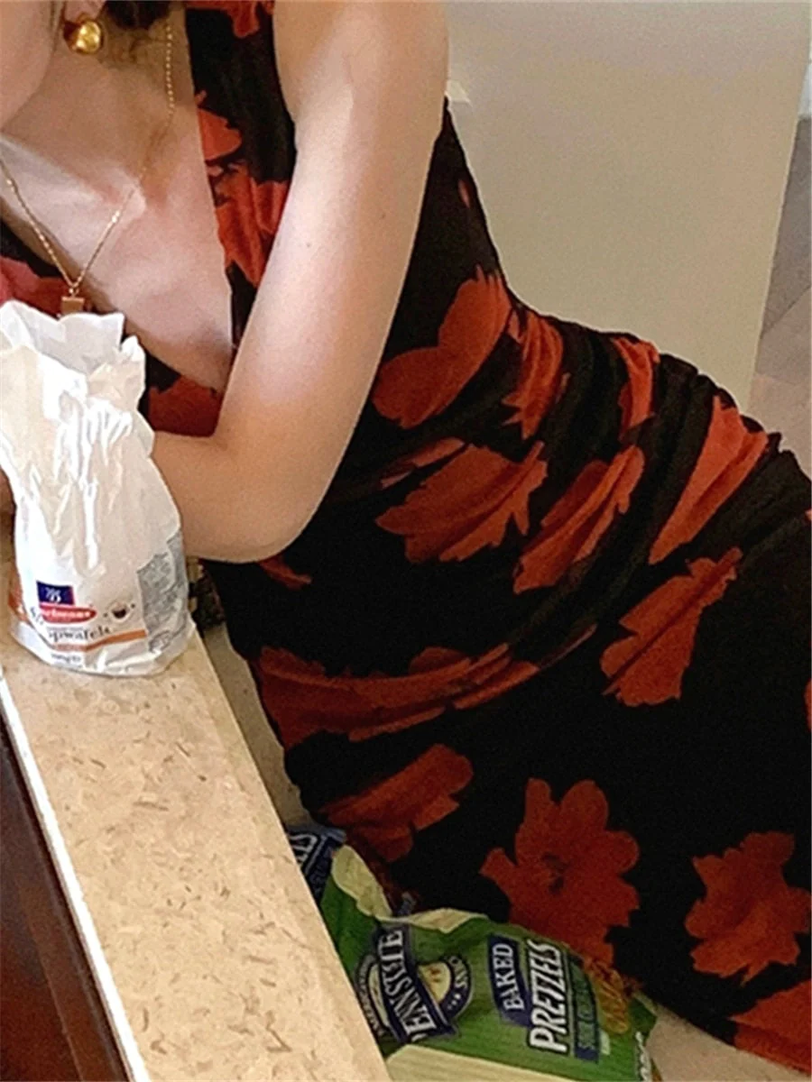 Joskka Midi Sexy Dresses Women Elegant Summer Fashion  New V-neck Vestido Vintage Spring Female Bodycon Clothes Rose Printing Dress Hoco Dress - Deanwangkt