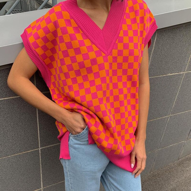 deanwangkt Ladies Autumn Winter Plaid Sweater Women Vest Pullover Casual Loose Streetwear Women Sweaters Knitted Female Waistcoat Chic Tops - Deanwangkt