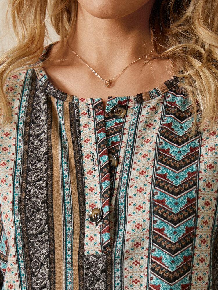 deanwangkt Striped Floral Print O-neck Long Sleeve Casual Blouse For Women - Deanwangkt