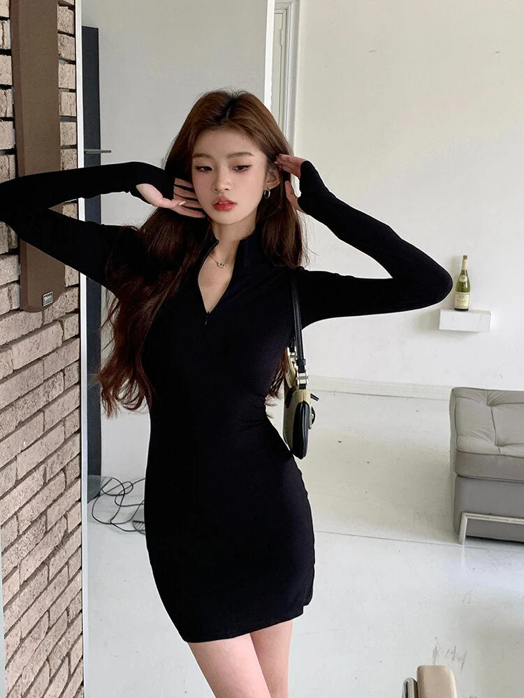 deanwangkt Elegant Fashions Autumn Winter Black Bodycon Dress Women Turtleneck Manners Slim Ribbed Knitted Long Sleeve Mini Dress Vestido - Deanwangkt
