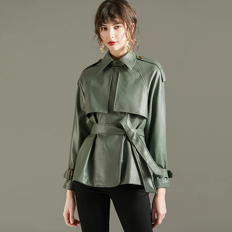 deanwangkt   Spring Autumn Lapel Faux Leather Jacket Women Green PU Coat Simplicity Loose Jackets Office Lady Outwear With Belt - Deanwangkt
