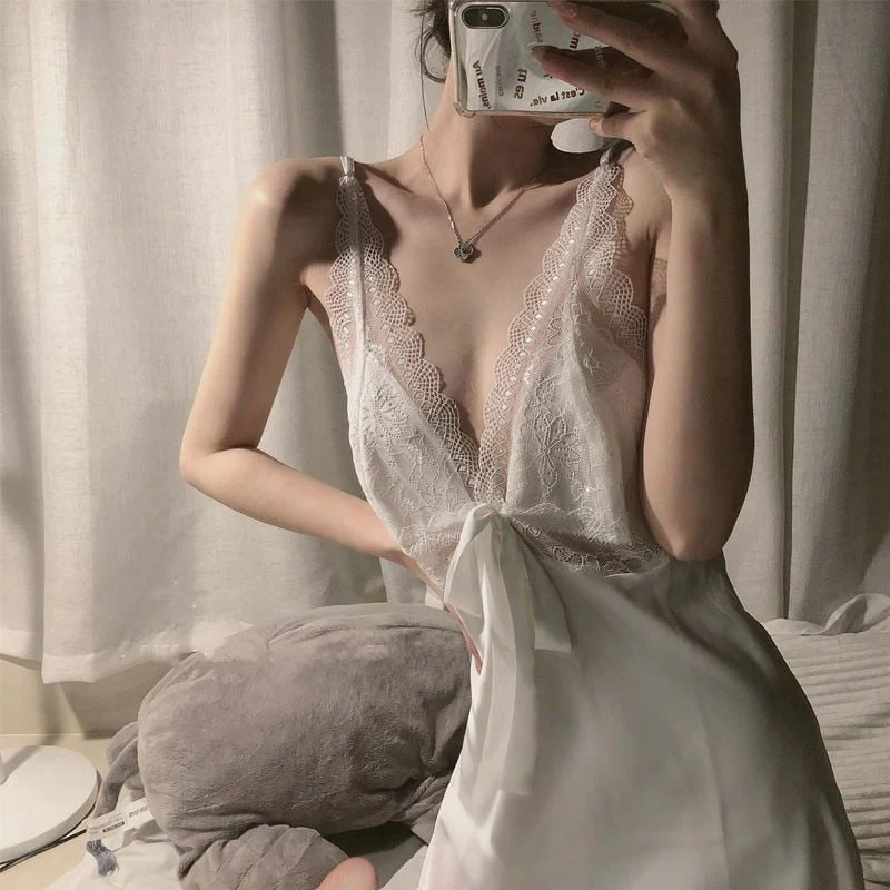deanwangkt Brand New Chinese Women Robe Satin Nightgown Sexy Nightshirt Sleepwear Lace Bath Gown Summer Casual Home Night Dress Nighty - Deanwangkt