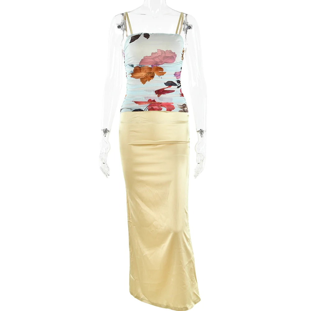 deanwangkt Women Summer Satin Slip Patchwork Mesh Maxi Dress Print Backless Off Shoulder For Women Outfits Beach Holiday Vestido - Deanwangkt