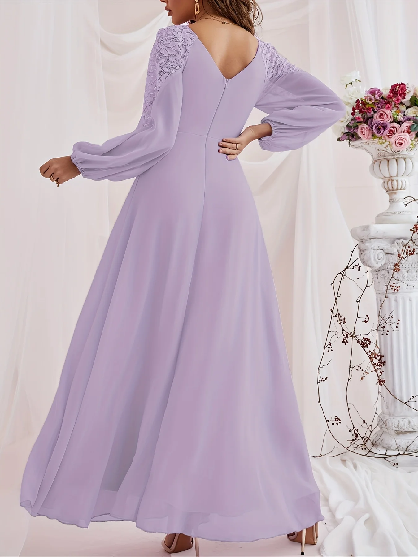 Solid Contrast Lace Dress, Elegant V Neck Long Sleeve Maxi Dress, Women's Clothing - Deanwangkt