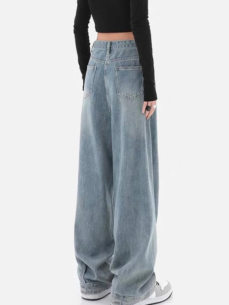 deanwangkt Summer Fashion Women Harajuku Jeans Wide Leg All-Match Loose Casual Wash Denim Pants Baggy High Street Long Trousers Tide - Deanwangkt