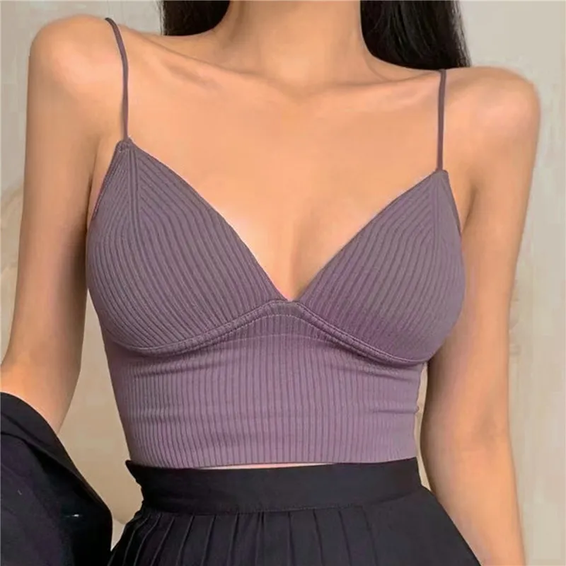 deanwangkt Women Stripe Tube Top Sexy Knitted V-Neck Camisole Bralette Sleeveless Spaghetti Vest Summer Basic Short Tank Tops With Bra Pad - Deanwangkt