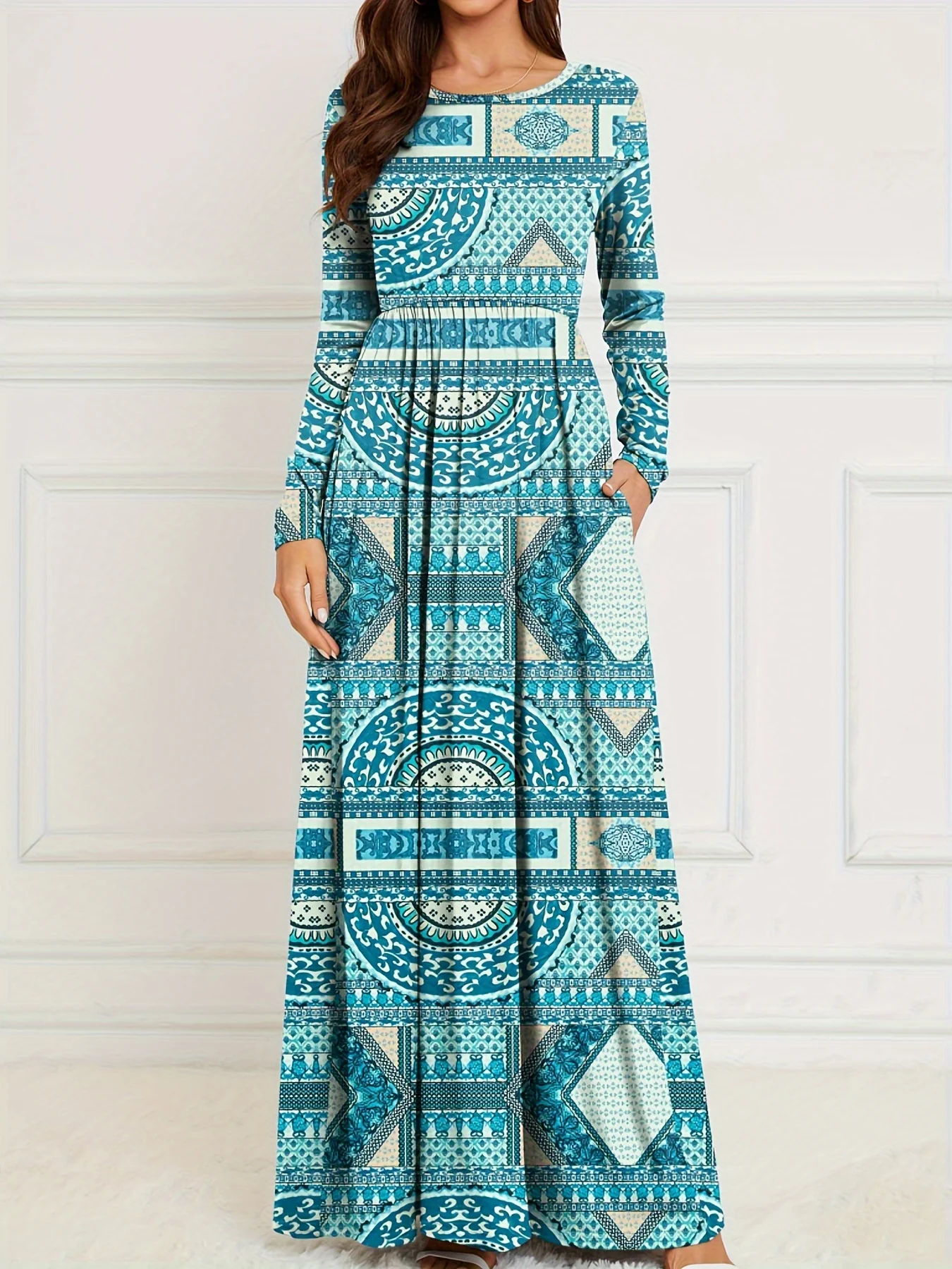 Geometric Print Crew Neck Dress, Elegant Long Sleeve Pleated Maxi Dress, Women's Clothing - Deanwangkt