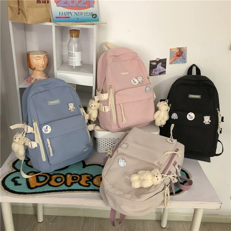 Back To School NEW Women Solid Color Nylon Backpack Bag School Book Backpack Girl Teenage Female Casual Travel Pink Large College Mochila Mujer - Deanwangkt