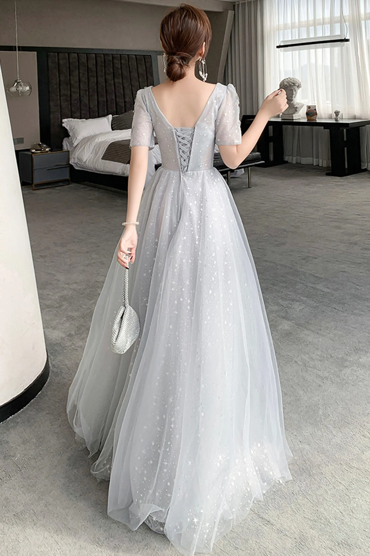 solvbao Gray Tulle Lace Long Prom Dresses, A-Line Evening Dresses - Deanwangkt