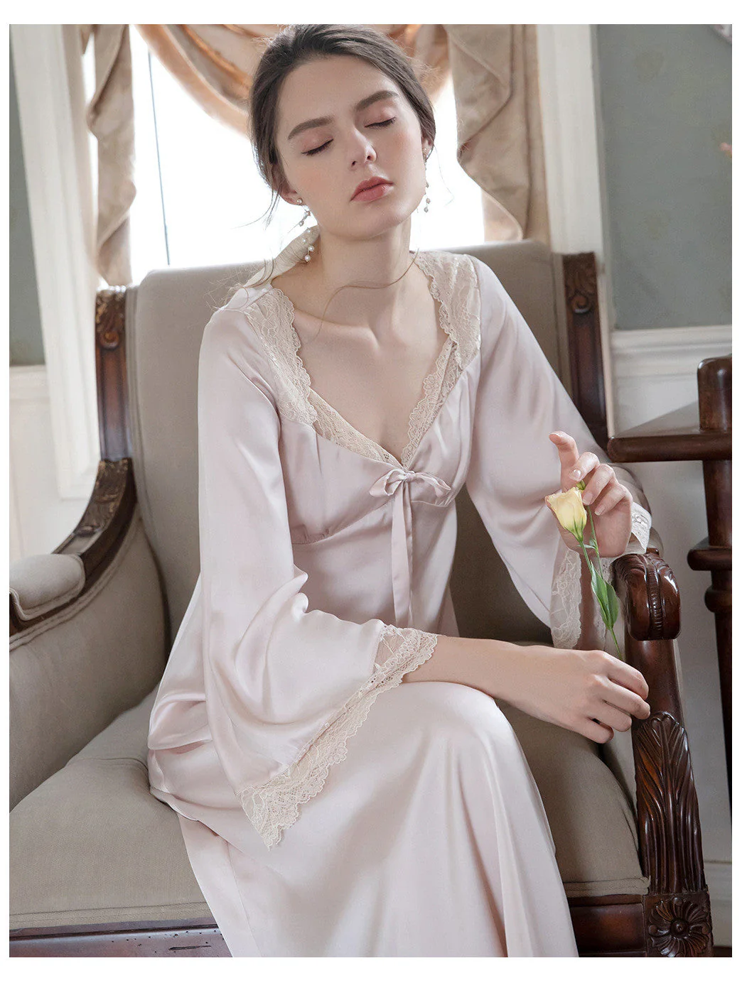 deanwangkt Romantic Nightgown Nightwear Princess Women Vintage Sleepwear Satin - Deanwangkt