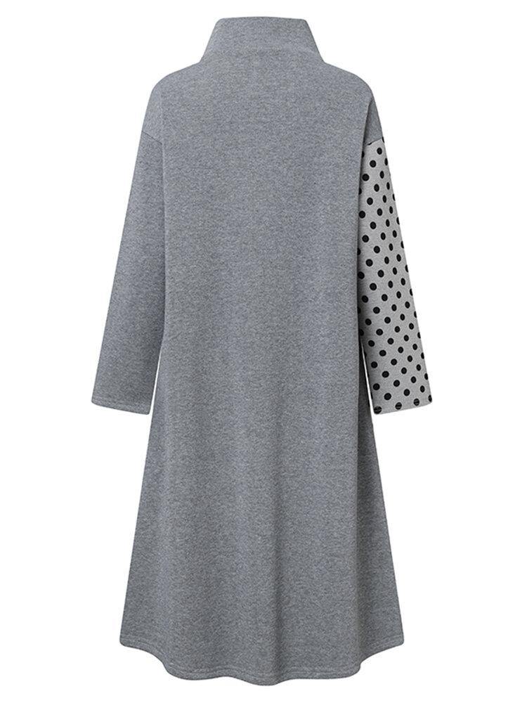 deanwangkt Women Patchwork Polka Dot Print Drop Shoulder Turtleneck Casual Dresses - Deanwangkt