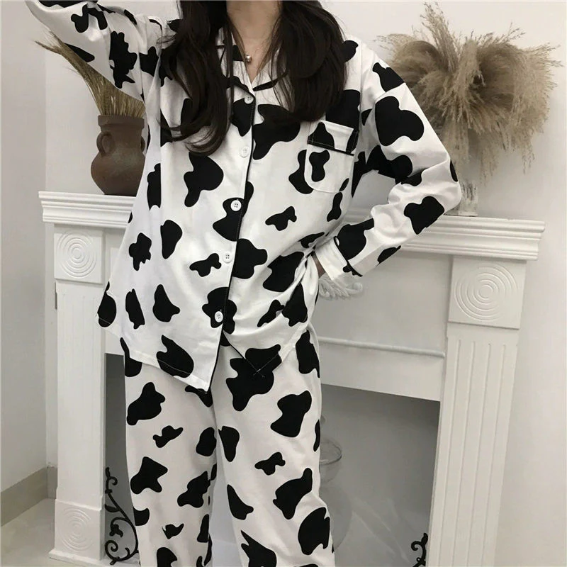 deanwangkt Cow Print Pajamas for Women Cute Nightwear Sleepwear Set Autumn Winter Pyjamas Girls Homewear Pijama Mujer Home Clothes Ladies - Deanwangkt