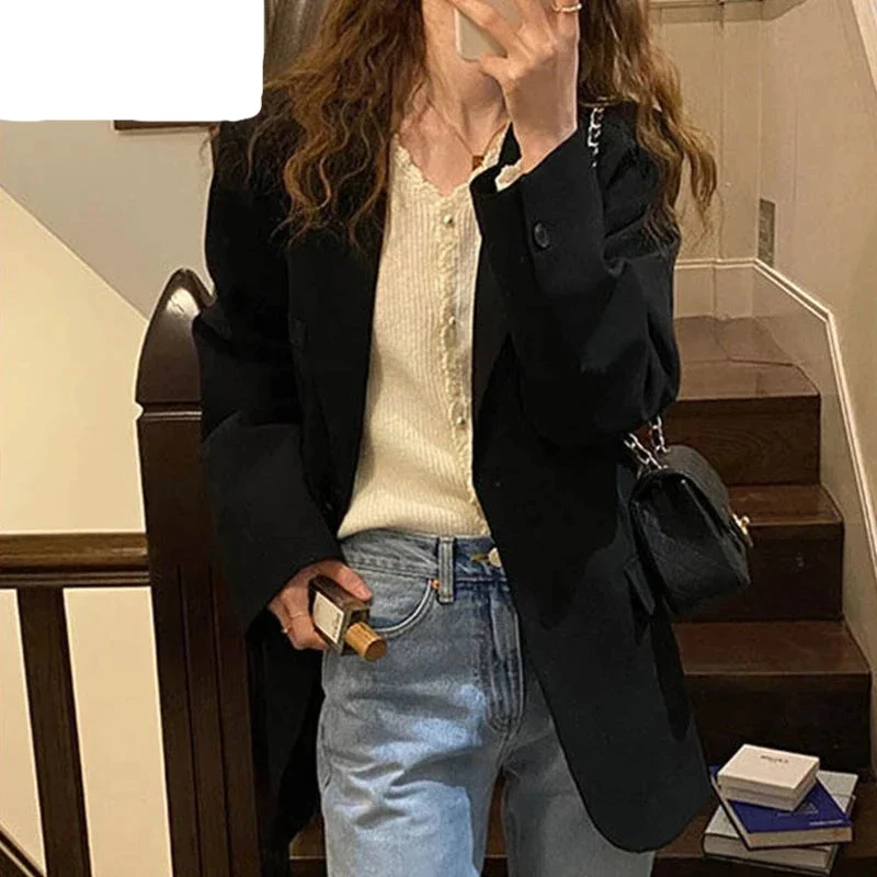 deanwangkt Women's Jacket New Blazer Single Button Turn Down Collar Casual Office Ladies Suit Oversized Loose Coats Formal Blazers - Deanwangkt