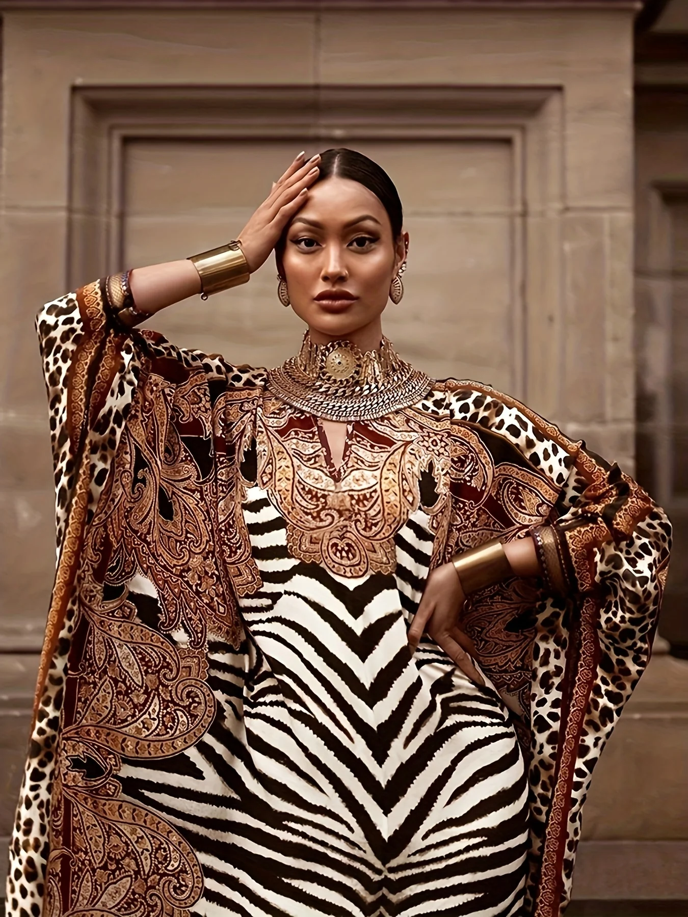 Plus Size Boho Kaftan Dress, Women's Plus Zebra & Paisley Print Batwing Sleeve Notched Neck Maxi Split Dress - Deanwangkt