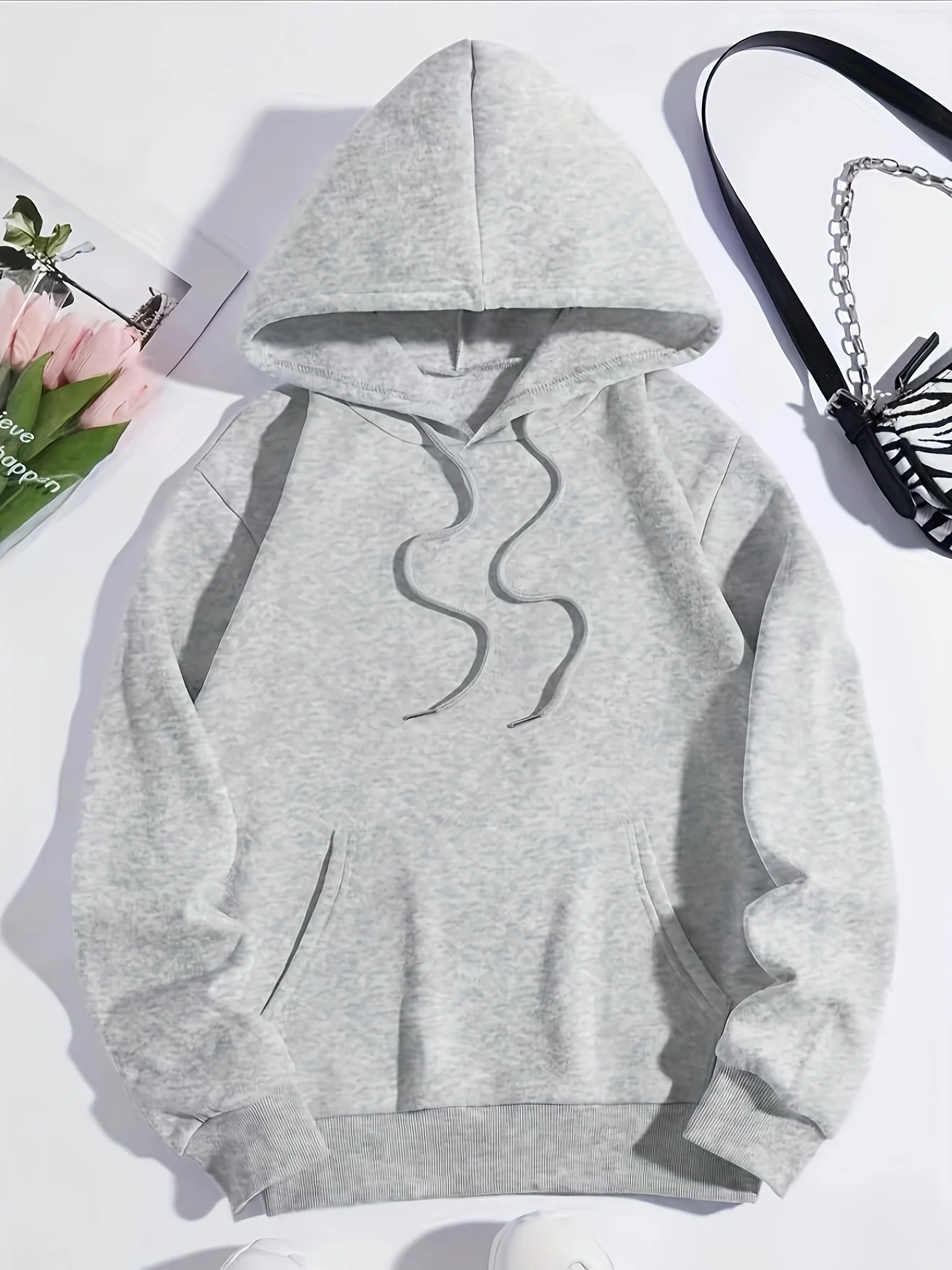 Sculpture & Letter Graphic Kangaroo Pocket Drawstring Thermal Hoodie, Hooded Sports Sweatshirt, Women's Sporty Sweatshirts - Deanwangkt