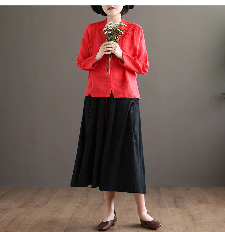 deanwangkt Shirts Women Long sleeve Linen Button Up Shirt Cotton Embroidery Vintage 4XL Plus Size Ladies Tops Blouse O neck Casual White - Deanwangkt