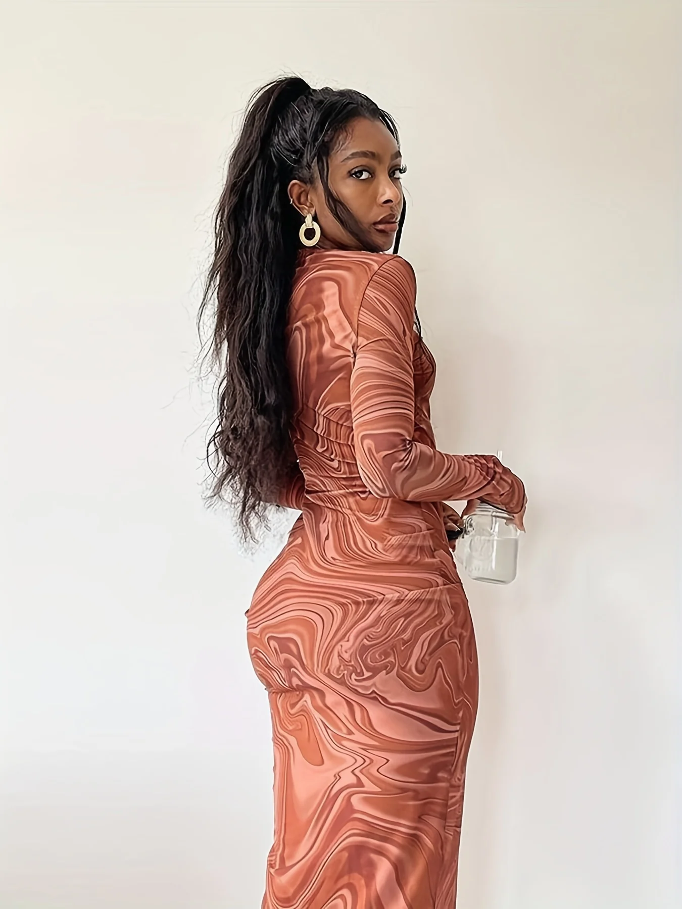 Abstract Ripple Print Dress, Sexy Mock Neck Long Sleeve Dress, Women's Clothing - Deanwangkt