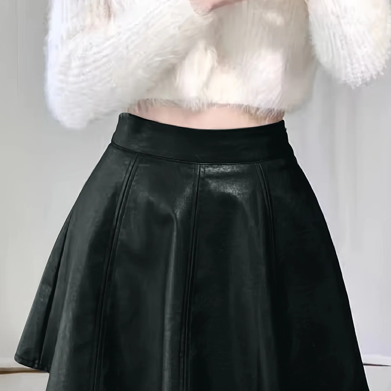 deanwangkt-1 Faux Leather Solid Flared Skirt, Elegant High Waist Mini Skirt, Women's Clothing - Deanwangkt
