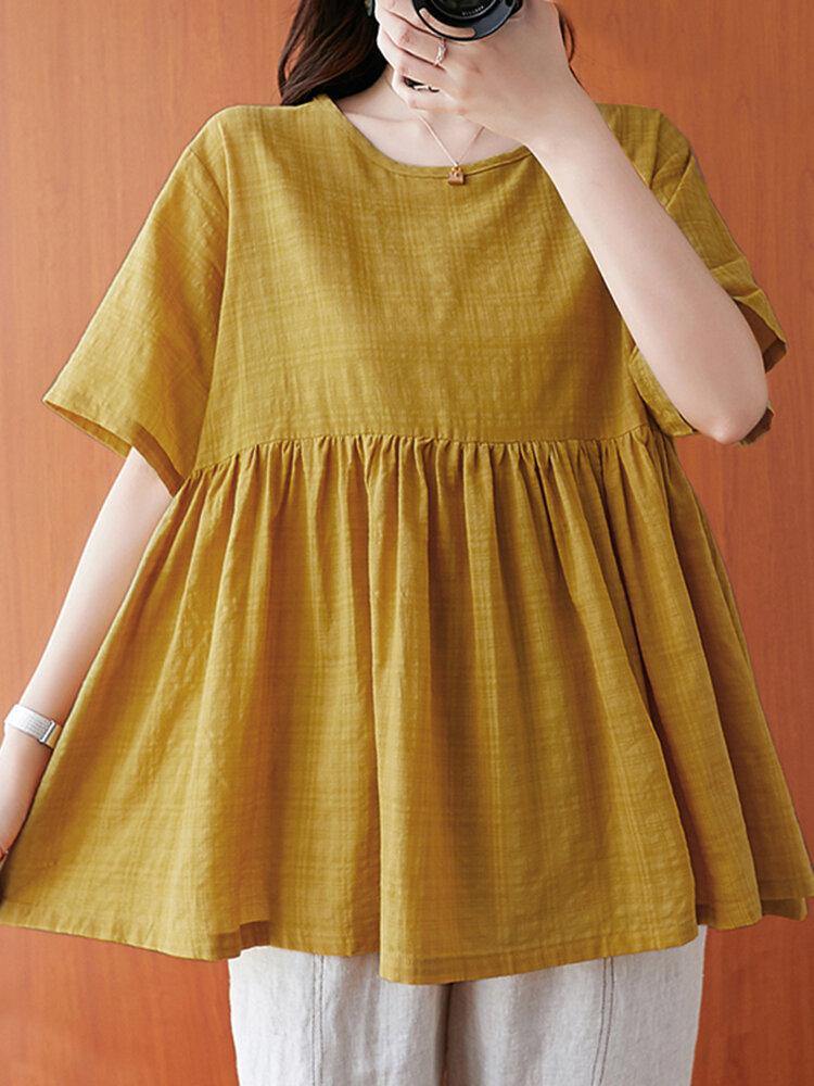 deanwangkt Plaid Pleating Loose Casual Summer Blouse For Women - Deanwangkt