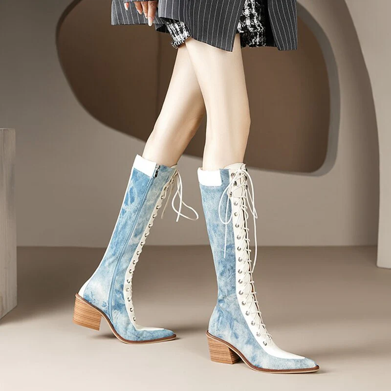 deanwangkt  Autumn Shoes   Autumn Boots Women Jean Shoes for Women Pointed Toe Chunky Heel Western Boots Knee-High Boots Denim Boots казаки женские обувь - Deanwangkt