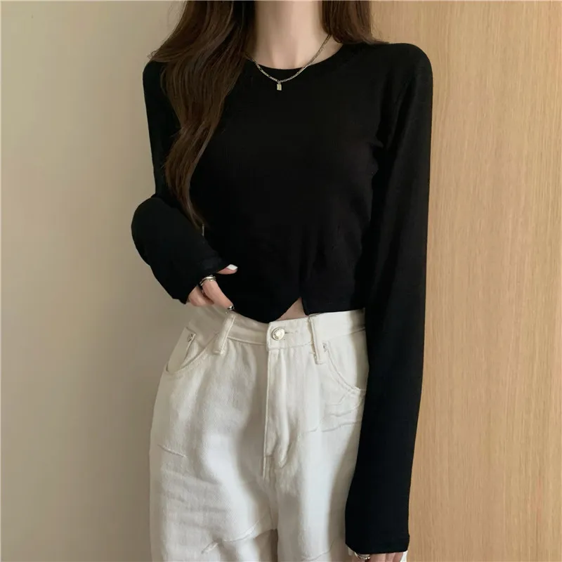 deanwangkt New Spring Fashion Y2K T-shirt Woman Vintage Long Sleeve Tee Shirt Femme Basic Solid Crop Top Women Solid Sexy Clothes Tshirt - Deanwangkt