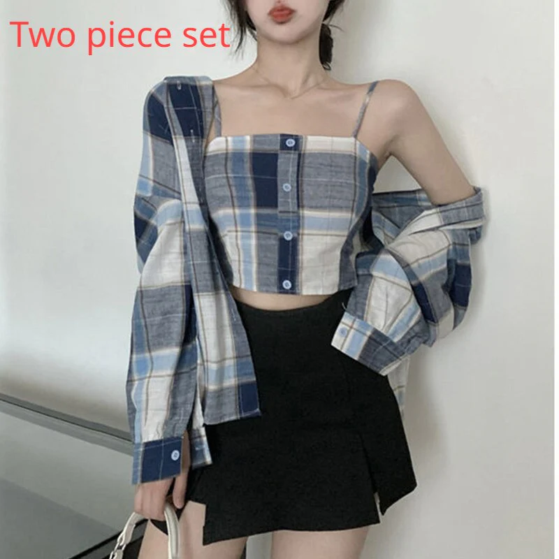 deanwangkt Spring Simplicity Plaid Turn-down Collar Long Sleeve Blouse Women Clothes Casual Buttons Slim Sling T-Shirt Two-piece Dress Tops - Deanwangkt