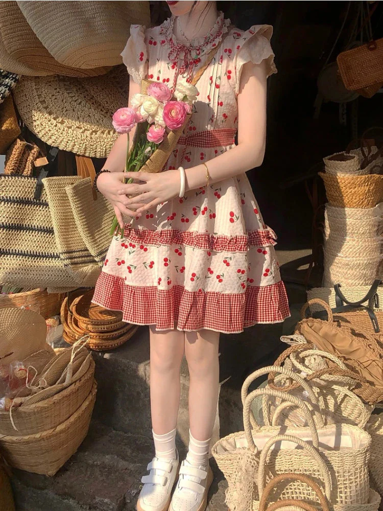 deanwangkt Summer Red Lolita Kawaii Dress Women Bow Sweet Princess Party Mini Dress Female Patchwork Korean Fashion Cherry Cute Dress - Deanwangkt