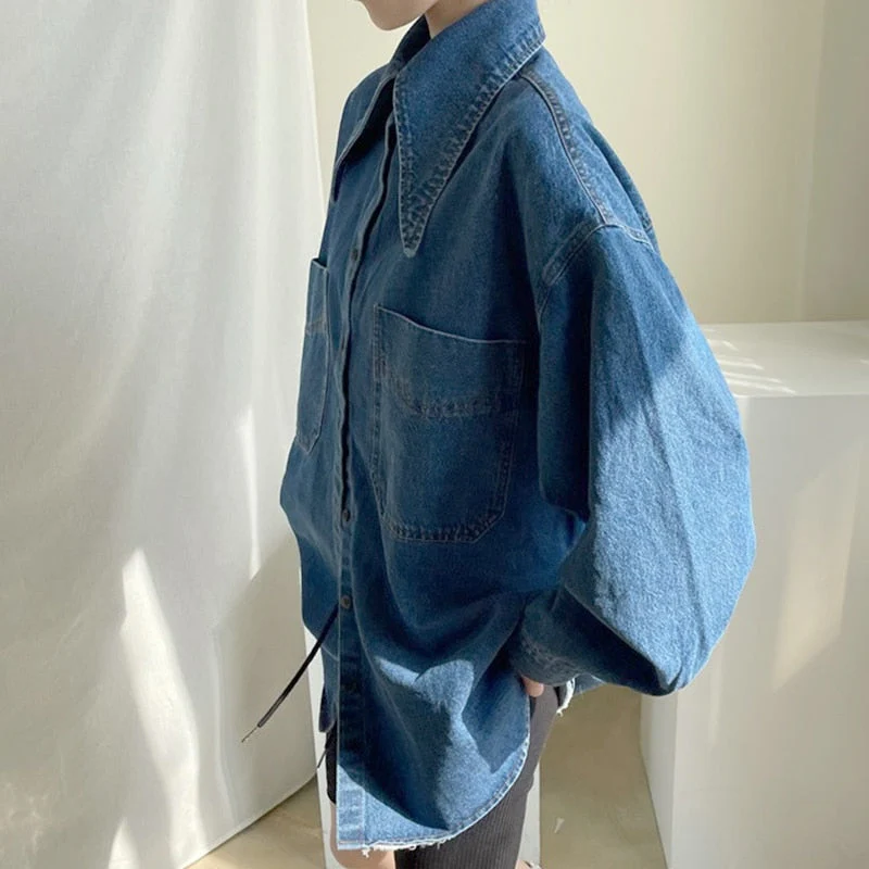 deanwangkt Female Denim Shirt Autumn Korean Retro Chic Pointed Collar Single-Breasted Loose Large Pockets Washed Blue Blouses - Deanwangkt