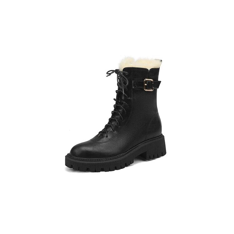 deanwangkt  fashion inspo    Winter Women Boots Round Toe Chunky Boot Women Split leather Shoes Women Thick Heel Boots Wool Blend Warm Boots Black Snow Boots - Deanwangkt