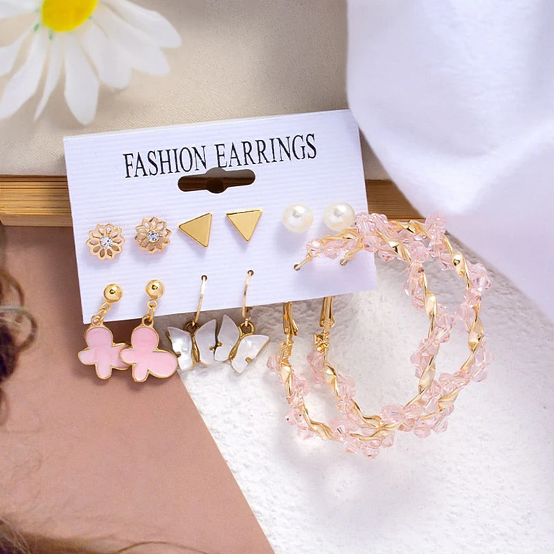 DEANWANGKT Boho Women's Earrings Vintage Punk Gold Color Metal Acrylic Big Circle Pearls Hoop Earring Set for Woman Girl Trend Jewelry - Deanwangkt