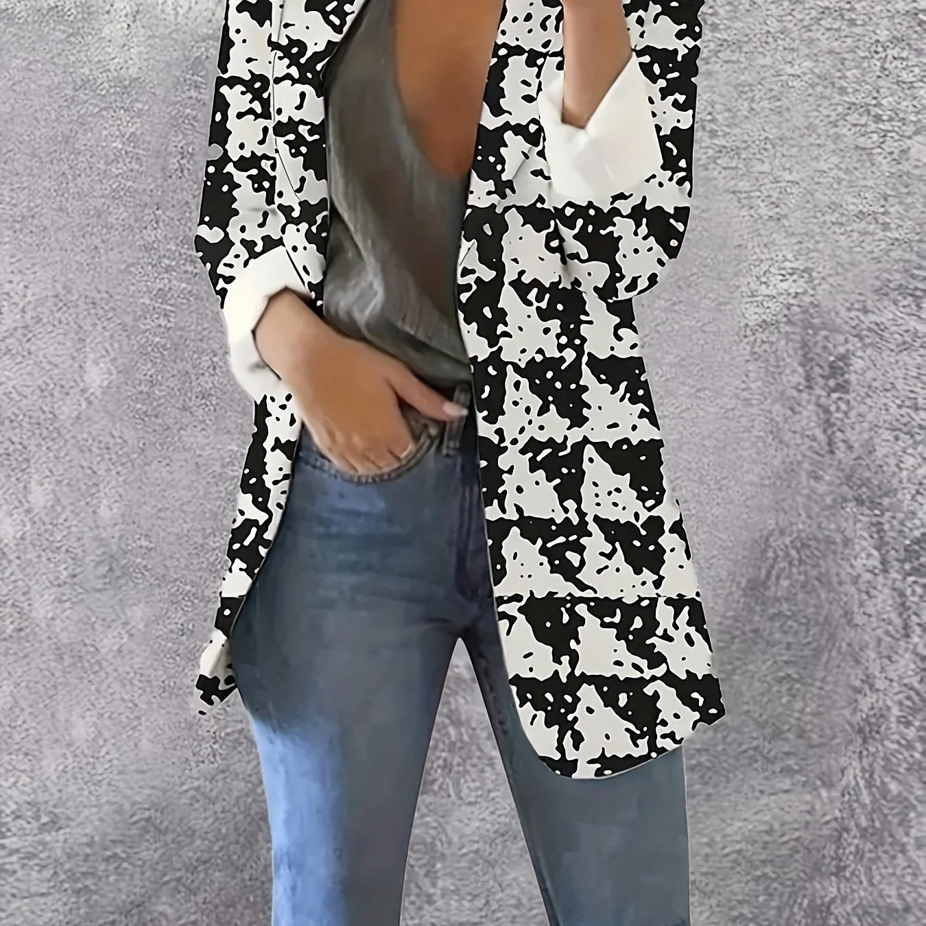 deanwangkt-1 Allover Print Open Front Blazer, Elegant Long Sleeve Blazer For Office & Work, Women's Clothing - Deanwangkt