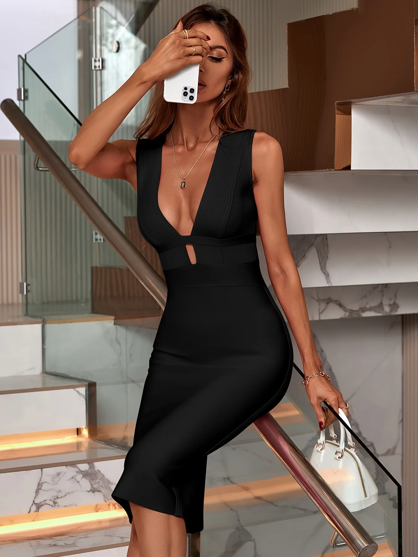 Plunging Backless Solid Dress, Party Wear Bodycon Sleeveless Dress, Women's Clothing - Deanwangkt