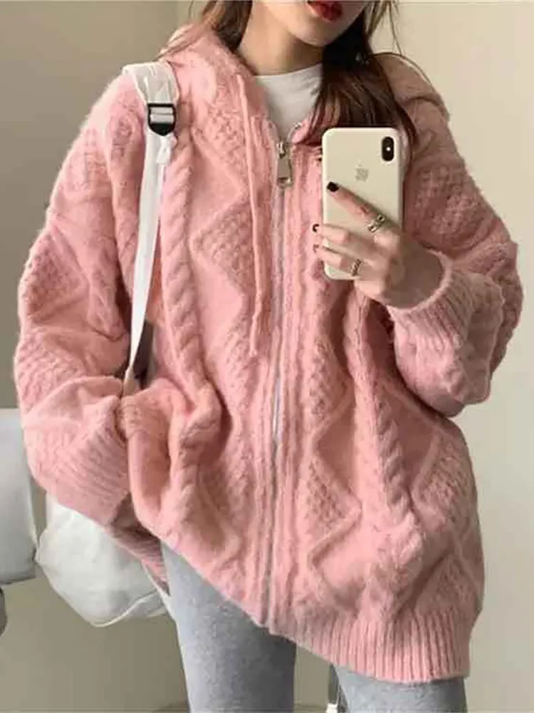 deanwangkt Korean Fashion Knit Cardigan Women Autumn Winter Casual Loose Zipper Hooded Thick Sweater Coat Long Sleeve Pink Top - Deanwangkt