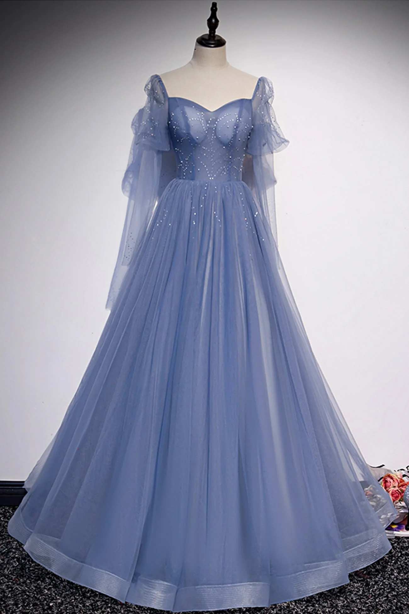 solvbao Blue Tulle Beading Long Prom Dresses, A-Line Formal Evening Dresses - Deanwangkt