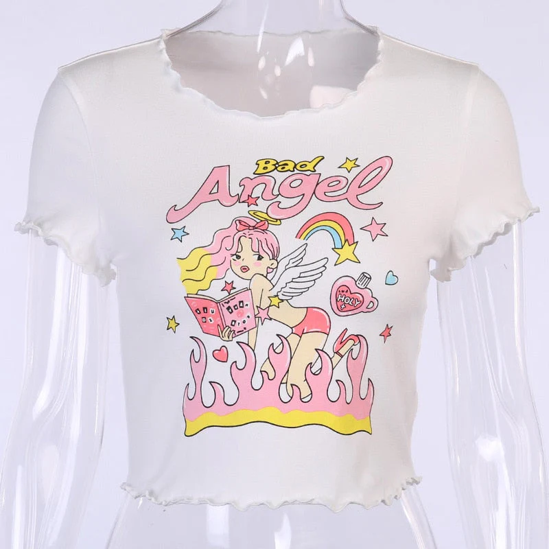 Graphic T Shirts Y2K Top Women Fairy Grunge Short Sleeve T-Shirts Slim Anime Crop Top Streetwear O Neck Tees 90s E-Girl Clothes - Deanwangkt