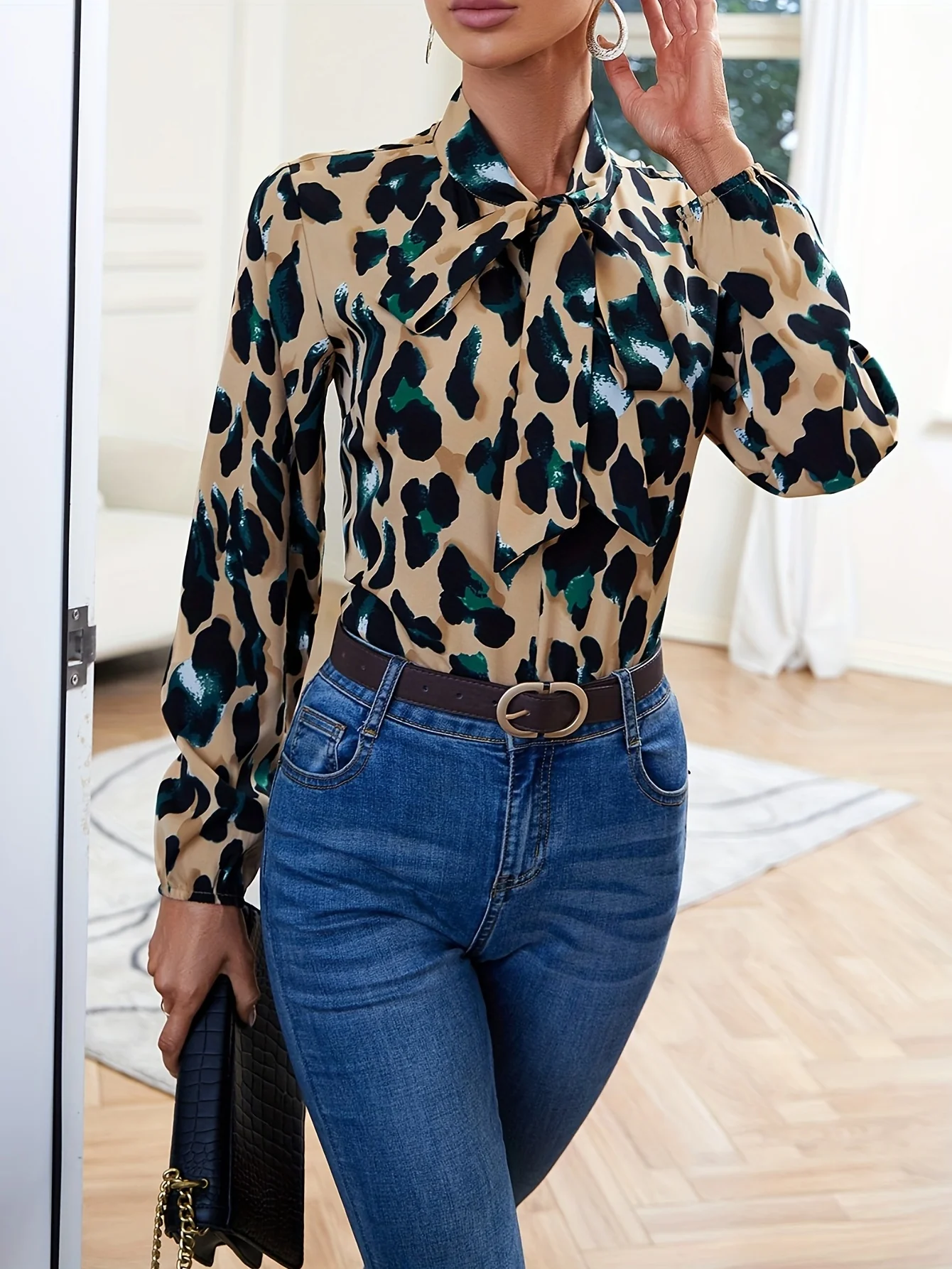 Women's Blouses Fashion Allover Print Bow Neck Blouse - Deanwangkt